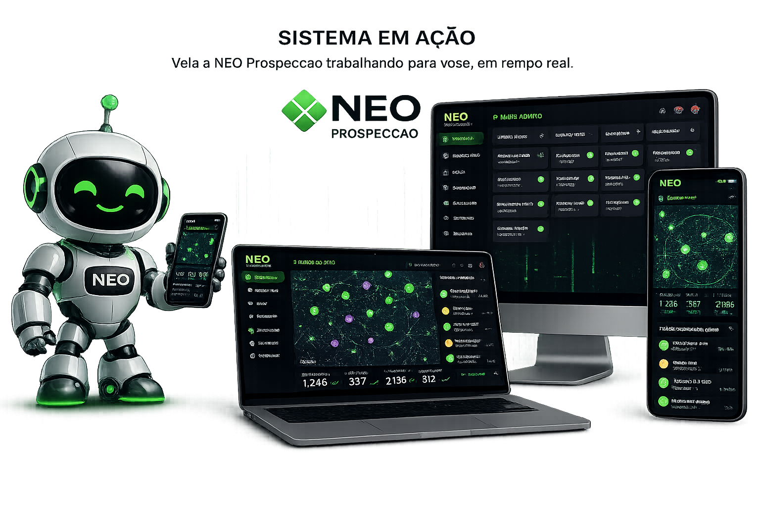 NEO Prospecção rodando no computador e no celular